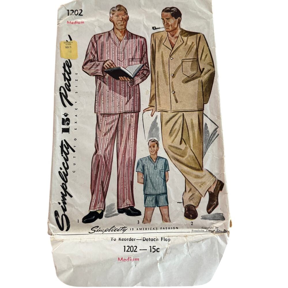 Vintage 1940s Simplicity Sewing Pattern 1202 Mens Pajamas Size 38-40 Chest